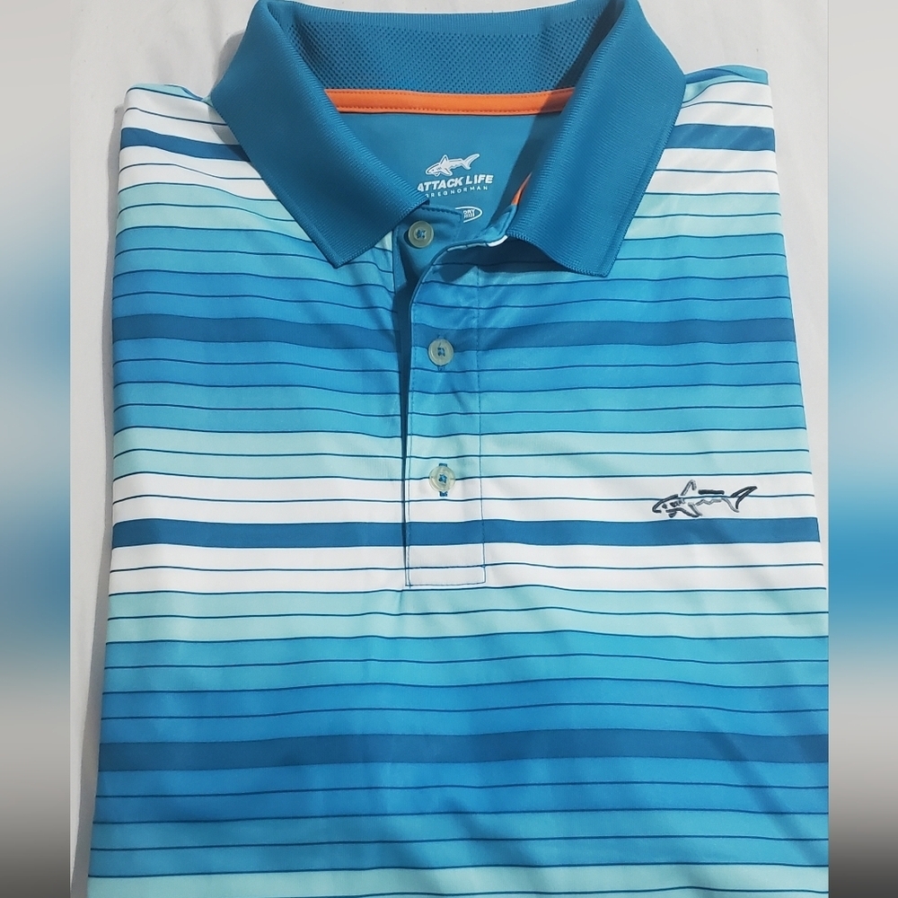 Attack Life by Greg Norman Blue Striped Men's Polo Shirt. Sz L